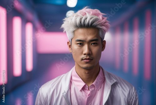 Ritratto di un giovane ragazzo asiatico, giapponese, cinese, coreano con capelli bianchi e rosa su uno sfondo futuristico azzurro e rosa