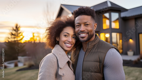 Happy african american couple in front of new house. Generative AI