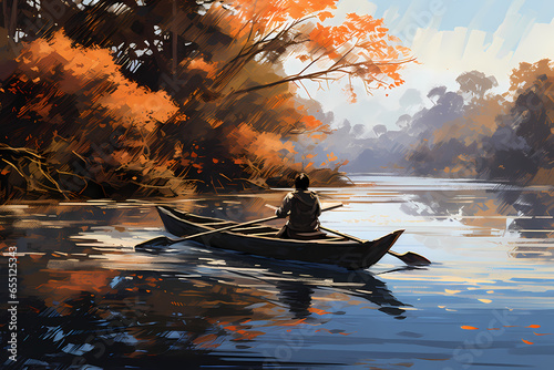 boatman rowing a boat on the arashiyama river in autumn anime style