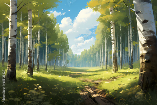 birch forest in a sunny afternoon during autumn anime styel