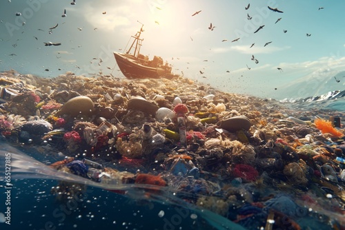Mountains of garbage on the water. Plastic waste in the sea. Plastic trash on the lake. 3d rendering. The concept of environmental pollution. Global warming. 