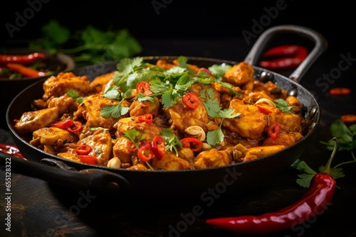 Hot Indian curry with chicken, roasted cashews in a pan. Generative AI