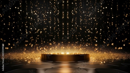 Golden confetti rain on festive stage with light beam in the middle, empty room at night mockup with copy space for award ceremony, jubilee, New Year's party or product presentations