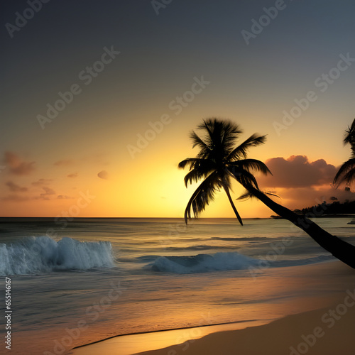 Amazing beach sunset with endless horizon and incredible foamy waves over wet sand. Digital illustration. Amazing CG Artwork Background