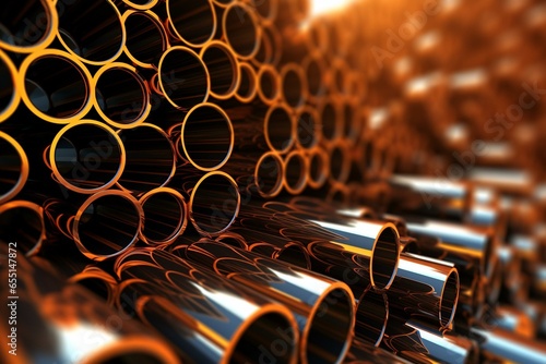 Concept of metallurgy industry with multiple stacked steel pipes in a 3D rendered illustration. Generative AI