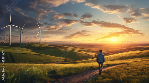 A person walking along wind turbines in the countryside