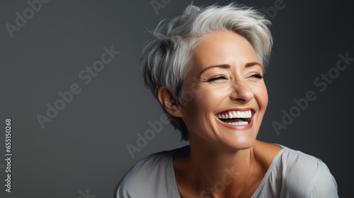 Beautiful gorgeous 50s mid age beautiful elderly senior model woman with grey hair laughing and smiling. Mature old lady close up portrait. Healthy face skin care beauty, skincare cosmetics, dental