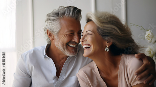 Beautiful gorgeous 50s mid age elderly senior model couple with grey hair laughing and smiling. Mature old man and woman close up portrait. Healthy face skin care beauty, skincare cosmetics, dental