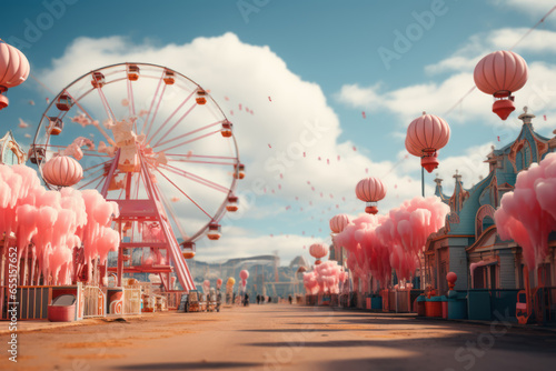 A carnival with a ferris wheel and cotton candy, evoking nostalgia for classic amusement parks. Generative Ai.