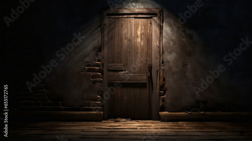 A forgotten door sits in the shadows, its weathered wood barely illuminated by a soft glimmer of moonlight
