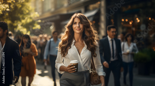 An businesswoman, looking confident and radiant in her business attire, strolls down a bustling street towards her workplace. She carries a shoulder bag and holds a coffee cup as she head