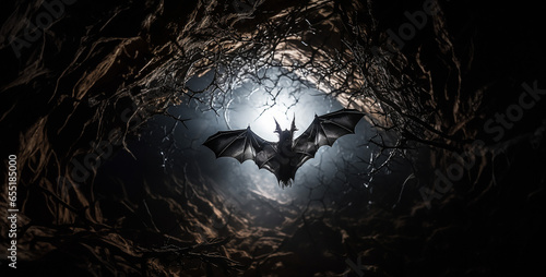 bat in the night, Hyper realistic portrait of a bat passing between two lea