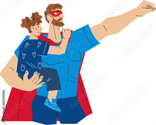 Father super hero character representation of the strength, love, and protection of family provided by fathers. Design for Father day cards.