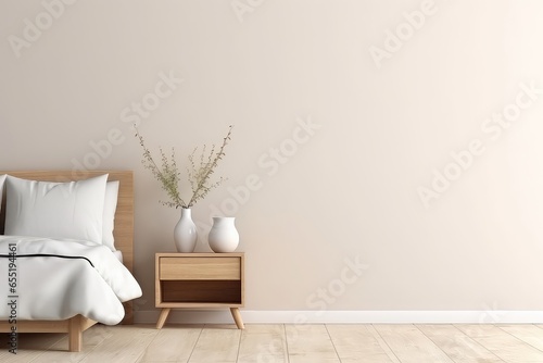 Minimal Bedroom Wall Mockup With Wooden Side Table On Wooden Floor Mockup. Сoncept Minimal Bedroom Design, Wall Mockup, Wooden Side Table, Wooden Floor Mockup
