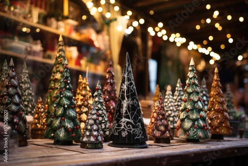 decorated mini christmas trees in a market