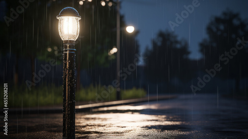 A lone streetlight shining in the rain, with no one around