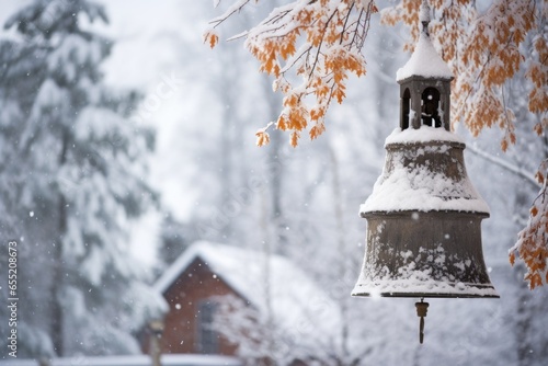 a church bell in a snowy background, winter greenery around