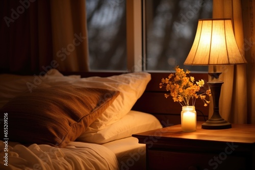 warm lamp lit in a cozy bedroom, emphasizing downtime