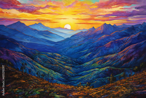 Beautiful mountain landscape, Digital painting, Colorful mountains and sunset