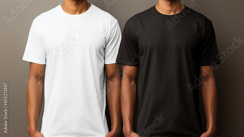 Men's white and black t-shirt with short sleeve mockup. Front view, Generative AI.