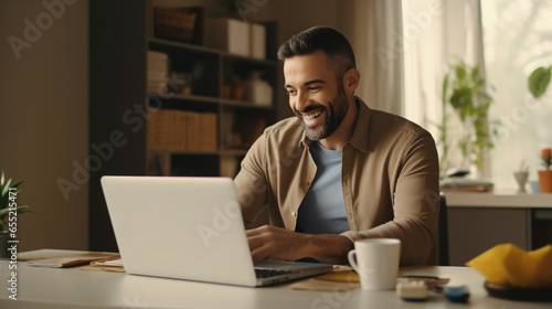 Happy man doing online shopping on laptop paying with credit card while sitting in home office