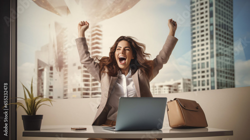 Inspired female manager with laptop jumping in air and celebrating success on background