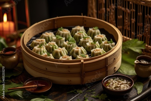 vegan dumplings arranged on a bamboo steamer