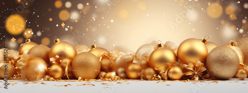 Merry Christmas and Happy New Year Holiday. Xmas design with realistic vector 3d objects, golden christmass ball, snowflake, glitter gold confetti.