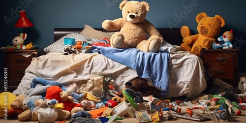 Toys scattered, clothes thrown around, and an unmade bed, representing the joyful untidiness of childhood , concept of Imagination