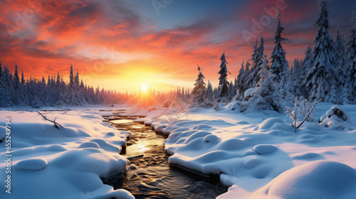 Sunset in the snow forest and cascade 