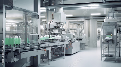A pharmaceutical packaging facility, with machines filling and labeling medication bottles