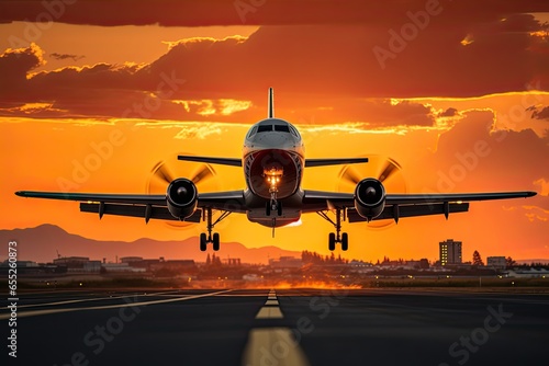 cloes up Plane landing in the sunset scene
