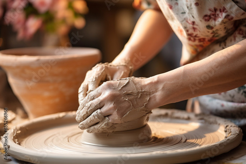 Potter's hands making a clay product. Close-up of a woman's hands in a ceramic workshop working with clay on a potter's wheel. Generative AI