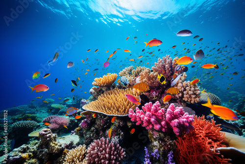 The vibrant colors of coral reefs teeming with marine life, symbolizing the love and creation of underwater ecosystems, love and creation