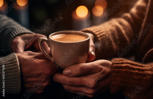 person with cup of coffee at night Relaxing tea cup on hand Person holding a steaming cup of coffee coffee shop material, friends drinking coffee together Take care of your loved ones 