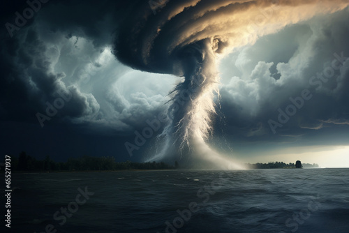 A waterspout swirling above a serene lake, emphasizing the transient nature of these waterborne tornadoes, love and creation