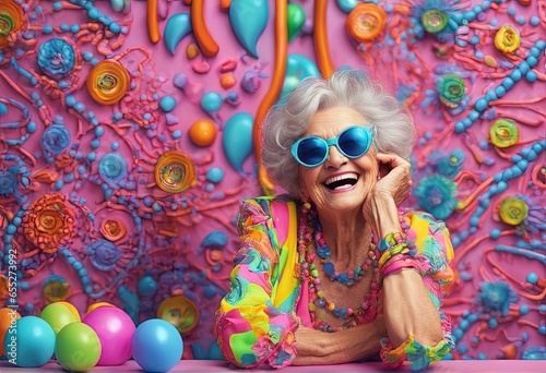 beautiful woman in colorful clothes with eggs on colorful background. beautiful woman in colorful clothes with eggs on colorful background. beautiful woman with colorful wig and sunglasses posing agai