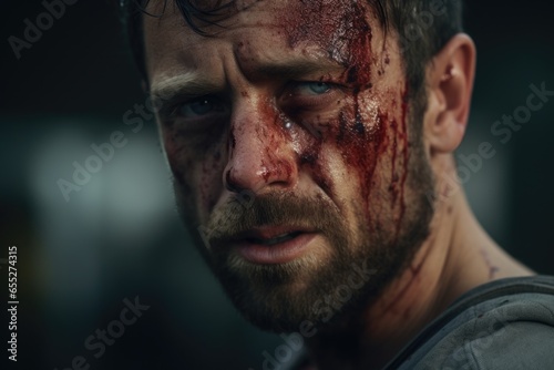 A close-up view of a man with blood on his face. This intense image captures the raw emotion and drama of a violent scene. Perfect for illustrating themes of danger, fear, and aggression.