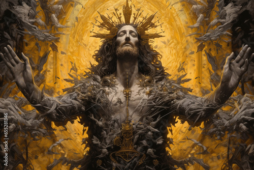 Culture and religious concept. Jesus Christ and genesis surreal illustration. Sacral fresco or statue Jesus in chaotic background. Small and tiny details, gray and golden coloring. Generative AI