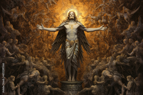 Culture and religious concept. Jesus Christ and genesis surreal illustration. Sacral fresco or statue Jesus in chaotic background. Small and tiny details, gray and golden coloring. Generative AI