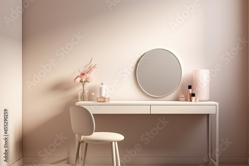The dressing room has a mirror and a table. Simple, clean design, light colors, minimalist style