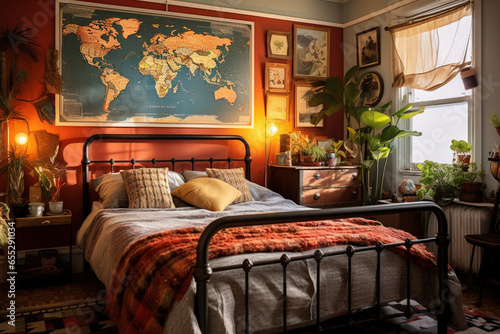 Modern guest bedroom with a wrought bed layered patterned bedding and a collection of vintage travel posters and world map on the wall