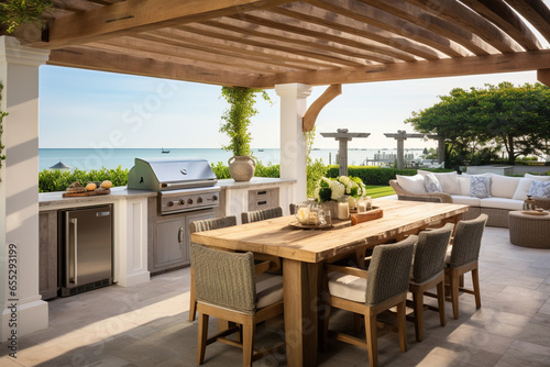 A coastal outdoor kitchen featuring a white pergola, a built-in grill with a reclaimed wood surround, and a dining area with a driftwood table and slipcovered chairs