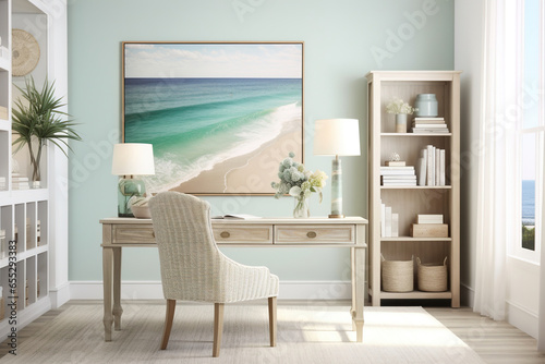 A coastal home office with a white desk, a seagrass chair, beachy wall decor, and minimalist storage solutions.
