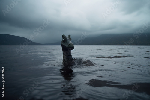 Loch Ness Monster pokes its head out of the loch lake, weird creature monster in water, rainy scotland dark landscape