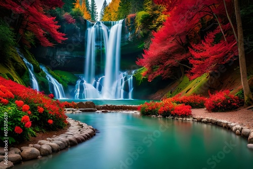beautiful waterfall in forest waterfall with rose and flowers waterfall background waterfall scenery waterfall in spring 