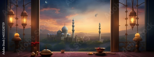 decoration background with lantern and crescent moon luxury style, ramadan kareem, mawlid, iftar, isra miraj, eid al fitr adha ai generated
