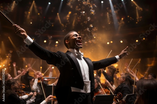  A close-up of an orchestra conductor in full swing 
