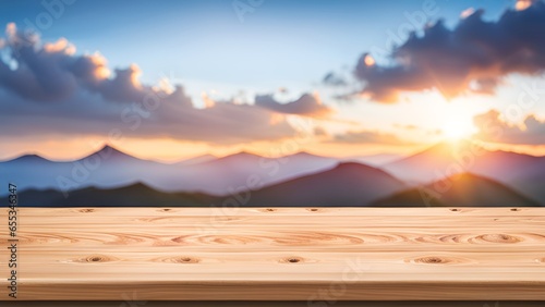 wood table on blurred montain bench background