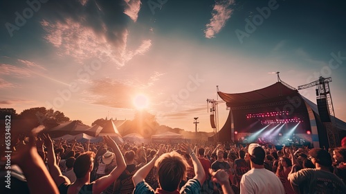 Back view of excited audience looking away while standing in front of illuminated stage in sundown light and loving live concert of music festival, with heart sign against orange sun blue sky